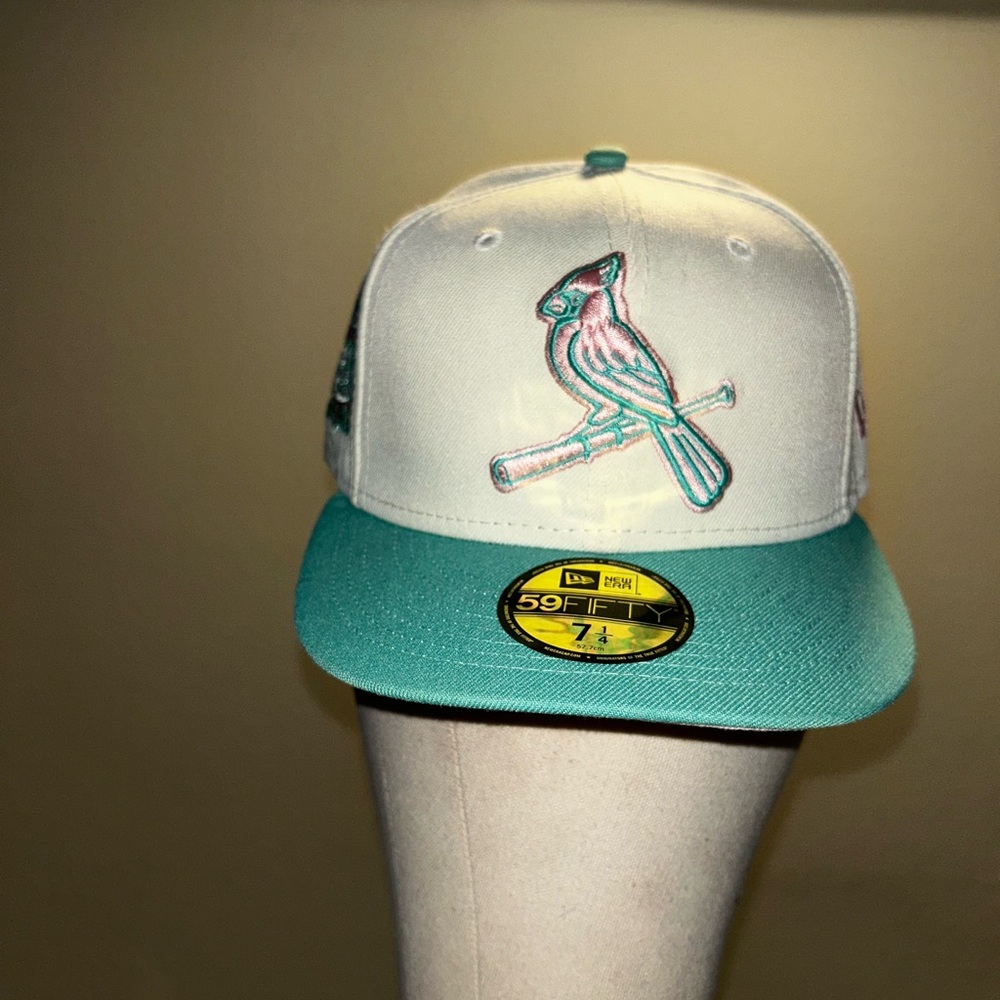 New Era Cream with Teal & Pink bird and brim size 7 1/8